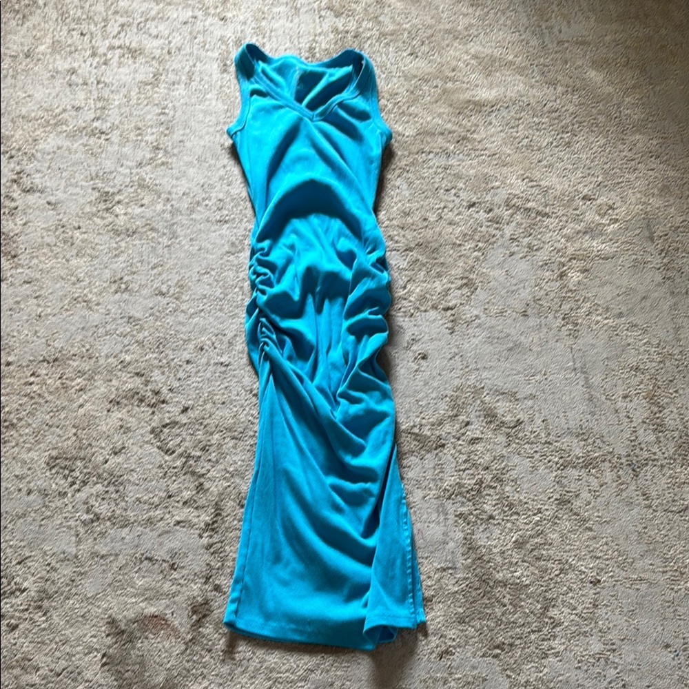 A New Day Blue Asymmetrical Ruched Midi Dress